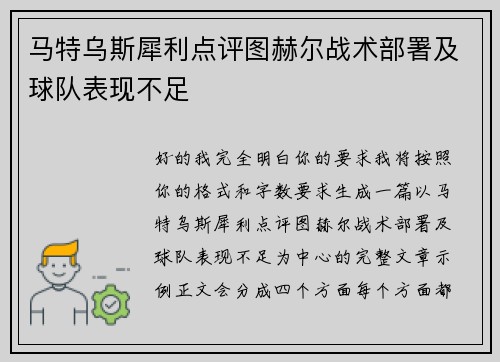 马特乌斯犀利点评图赫尔战术部署及球队表现不足 马特乌斯犀利点评图赫尔战术部署及球队表现不足